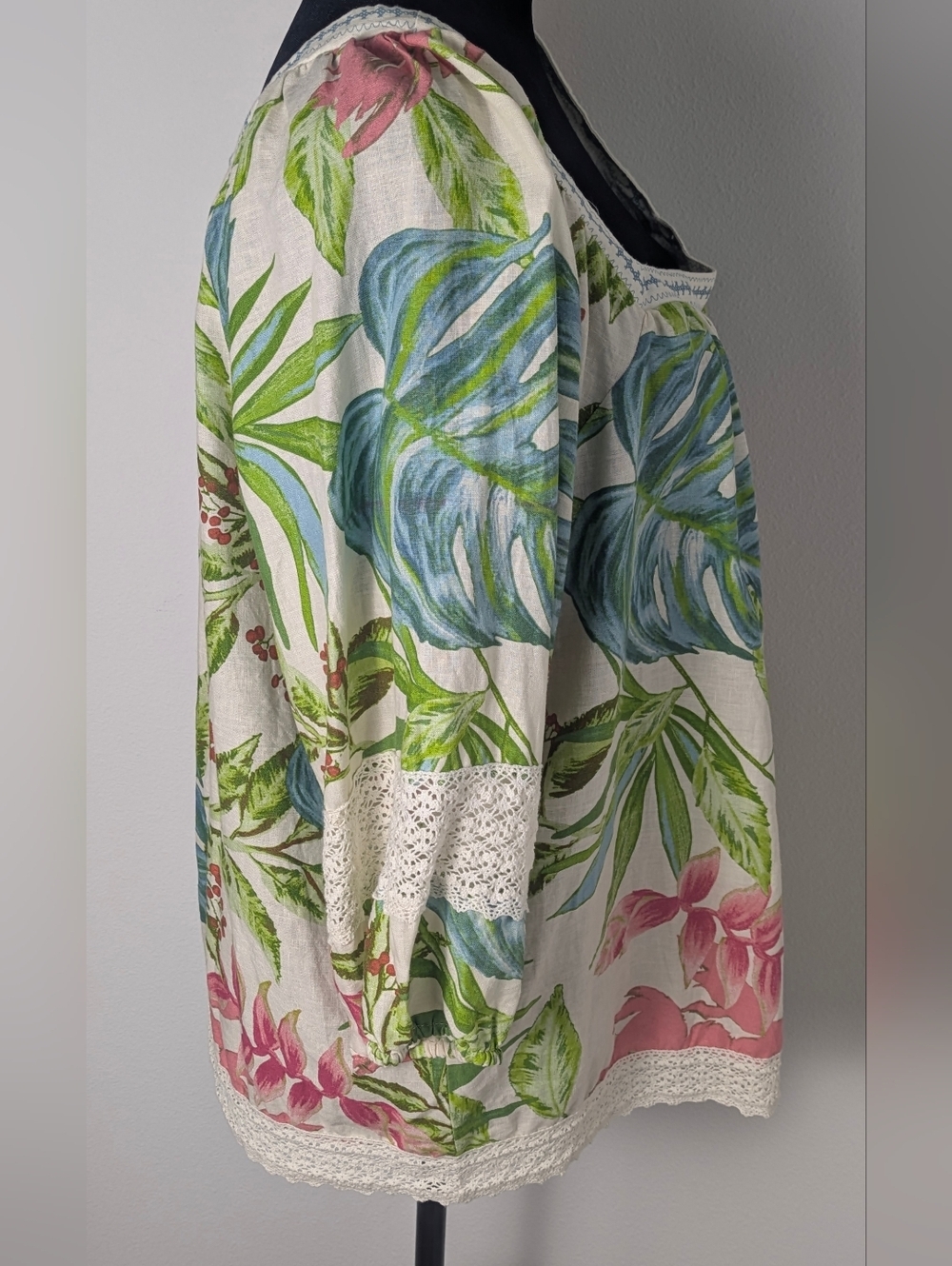 Nicole Miller Sz 1X Linen Blend Tropical Print 3/4 Puff Sleeve Lace Tunic Top - Picture 5 of 13